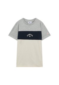 T-shirt z krótkim rękawem w kolorach szarym, granatowym i beżowym z logo "Champion" na klatce piersiowej i rękawie.