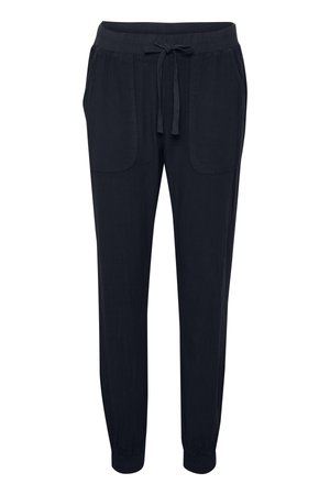 Pantalons de lounge bleu marine avec une taille à cordon, deux poches avant, des poignets élastiques et une texture de tissu douce.