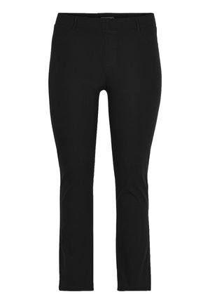 Zwarte slim-fit broek met riemlussen, voorvlieg en geen zichtbare zakken, weergegeven tegen een witte achtergrond.
