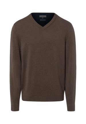Maglione marrone a manica lunga con scollo a V, realizzato in cotone a maglia fine con polsini e orlo a coste, mostrato su sfondo bianco.