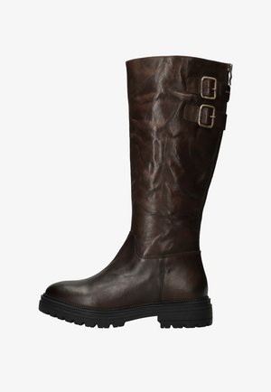 Brown leather knee-high boot with a textured finish, featuring two adjustable straps and a side zipper. Thick rubber sole with traction.