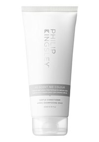 Weißer Tube des Philip Kingsley Gentle Conditioner, beschriftet mit "Ohne Duft, Ohne Farbe", mit grauen Akzenten, 200 ml, mit Ausdrücköffnung am Boden.