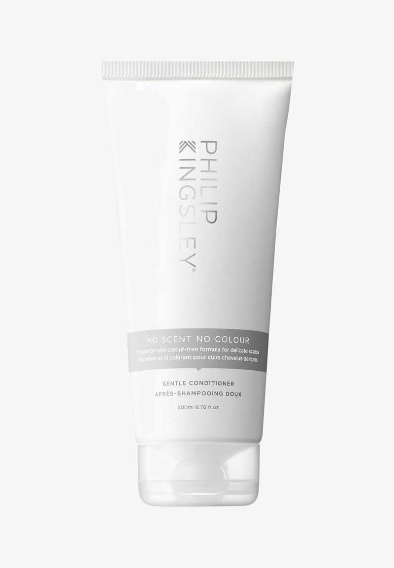 Weißer Tube des Philip Kingsley Gentle Conditioner, beschriftet mit "Ohne Duft, Ohne Farbe", mit grauen Akzenten, 200 ml, mit Ausdrücköffnung am Boden.
