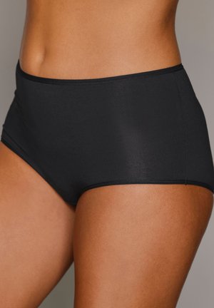 Hochgeschnittene schwarze Unterhose aus glattem Material, mit nahtlosem Design und enganpassendem Schnitt, in einheitlicher Farbe.