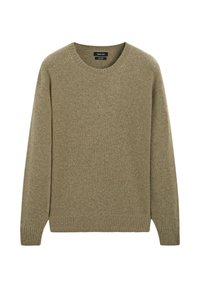Zacht olijfgroen sweater met ronde hals, lange mouwen en geribde manchetten en zoom, weergegeven tegen een witte achtergrond.