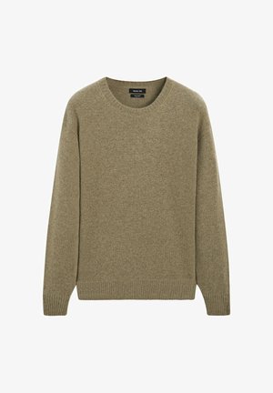 Zacht olijfgroen sweater met ronde hals, lange mouwen en geribde manchetten en zoom, weergegeven tegen een witte achtergrond.