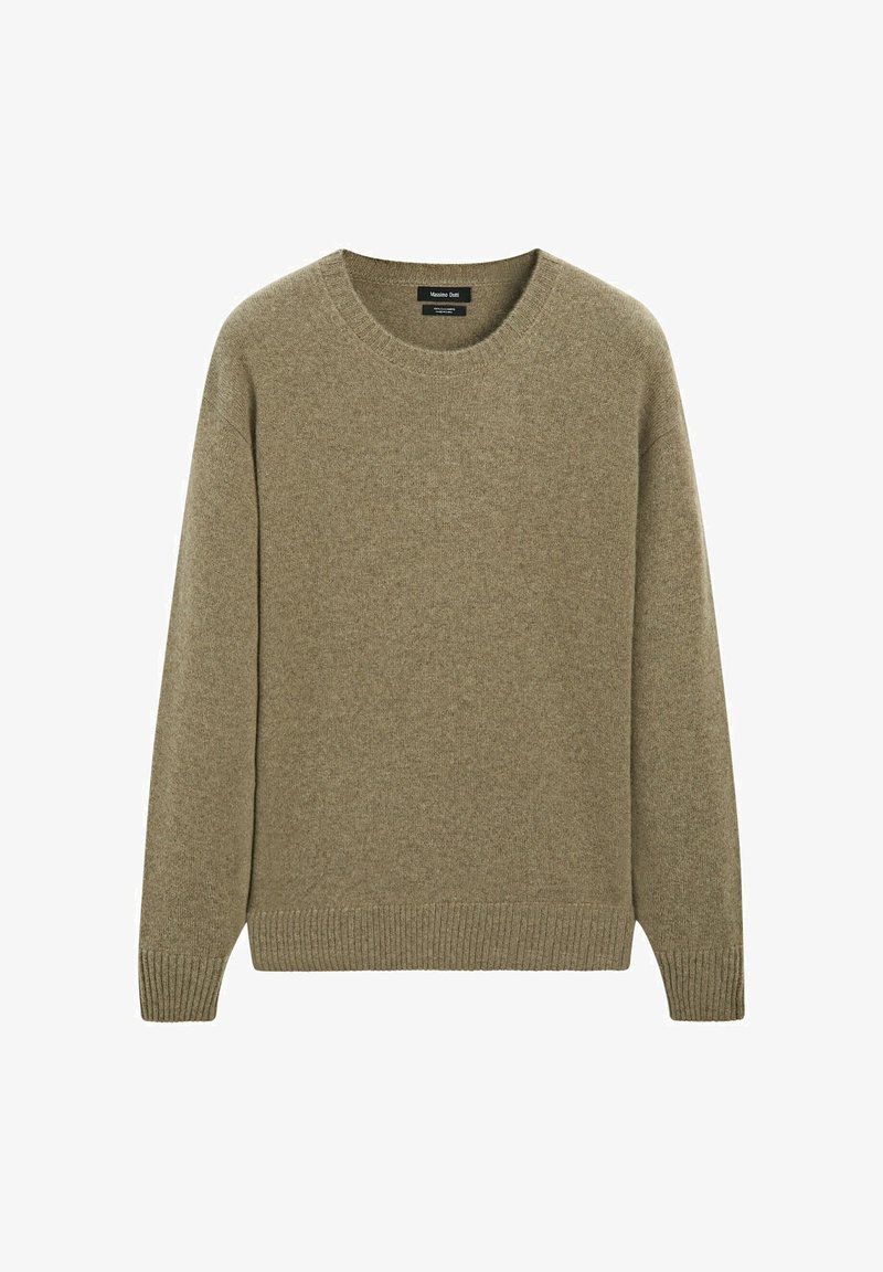 Lys olivengrøn crewneck sweater med lange ærmer og ribbede manchetter og kant, præsenteret mod hvid baggrund.