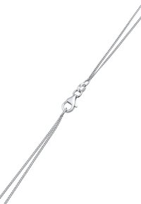 Silver chain necklace featuring a lobster clasp, with a smooth finish and two interconnected strands, showcasing a lightweight design.