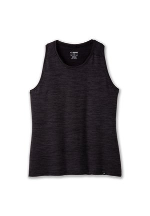 Débardeur de sport noir fabriqué en tissu doux, avec un col rond et de larges emmanchures. Légère texture chinée et petit détail de logo.