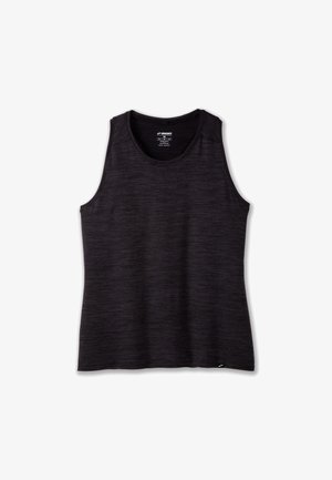 Schwarzes Sport-Tanktop aus weichem Stoff, mit Rundhalsausschnitt und weiten Armlöchern. Leichte Melange-Textur und kleines Logo-Detail.