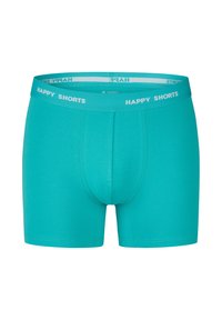 Tyrkysové boxerky vyrobené z měkké bavlny s elastickým pasem, na kterém se opakuje text "HAPPY SHORTS" v bílé barvě.