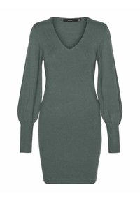 Abito verde lavorato a maglia con scollo a V, maniche lunghe a palloncino e silhouette aderente. Texture a coste sulle maniche e sull'orlo, lunghezza a metà coscia.