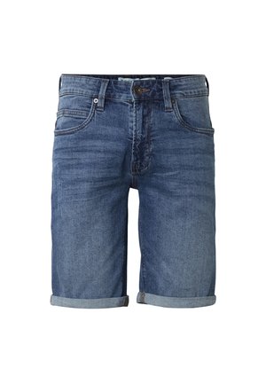 Denimblå shorts med oppbrettede kanter, frontknapp, glidelås, beltehemper og synlige frontlommer på hvit bakgrunn.