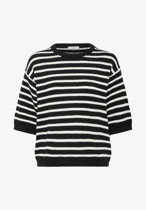 Suéter de rayas blancas y negras con cuello redondo, mangas cortas y tejido de punto texturizado; puños y dobladillo acanalados.