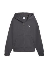 Grijze zip-up hoodie met een grote voorkant zak, verstelbare capuchon en wit Puma-logo op de linkerkant van de borst, gemaakt van zachte stof.
