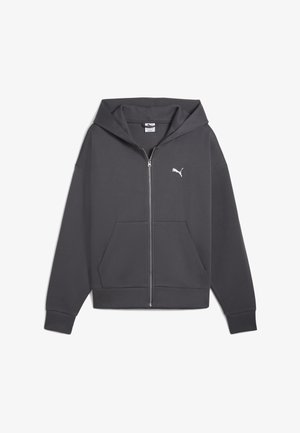 Grijze zip-up hoodie met een grote voorkant zak, verstelbare capuchon en wit Puma-logo op de linkerkant van de borst, gemaakt van zachte stof.