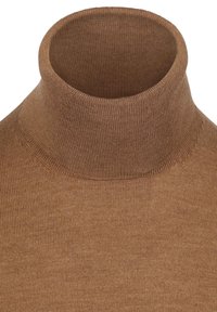 Bruine geribbelde turtleneck trui met een aangesloten ontwerp en een zachte textuur. Kenmerkt zich door een hoge kraag en een naadloos lijfje voor een gestroomlijnde uitstraling.