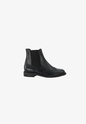 Bottines Chelsea en cuir noir avec des panneaux élastiques sur les côtés, surface texturée, détails en brogue et un petit talon empilé.