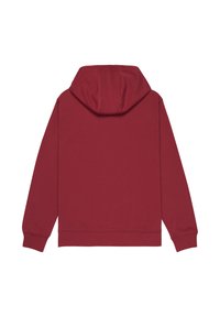 Sweat à capuche bordeaux avec une poche kangourou et une capuche ajustable. Tissu en mélange de coton offrant une texture lisse et des bords-côtes aux poignets et à l'ourlet.