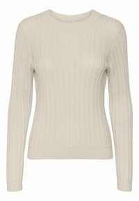 Maglione a coste beige con maniche lunghe, scollo rotondo e motivo testurizzato; design aderente con polsini e orlo a coste.