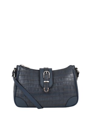 Sac à épaule en cuir bleu foncé embossé crocodile avec fermeture boucle argentée et bandoulière ajustable sur fond blanc.