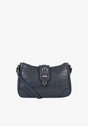 Sac à épaule en cuir bleu foncé embossé crocodile avec fermeture boucle argentée et bandoulière ajustable sur fond blanc.