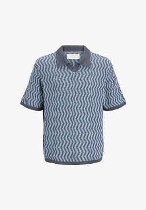 Polo en maille pour homme à manches courtes avec motif zigzag gris et bleu clair et col, poignets et ourlet gris foncé.