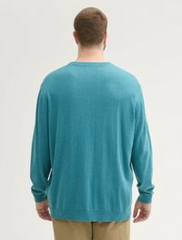 Turkusowy sweter z długim rękawem typu crewneck, wykonany z miękkiego materiału. Charakteryzuje się luźnym krojem oraz ściągaczami przy mankietach i na dole, bez wzorów czy деталей.