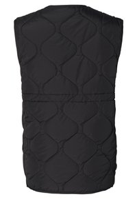 Svart ärmlös vadderad väst med diamantmönster, mjuk textur och sidofickor; designad för lager-på-lager och värme.