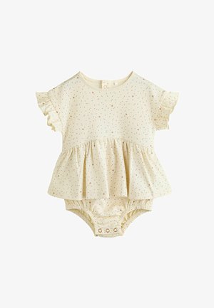 Šviesiai geltona kūdikio bodysuit su trumpomis raukinėmis rankovėmis, taškų raštu ir mažomis širdelėmis. Jis turi susirinkusią peplumą ir paspaudimo užsegimą.