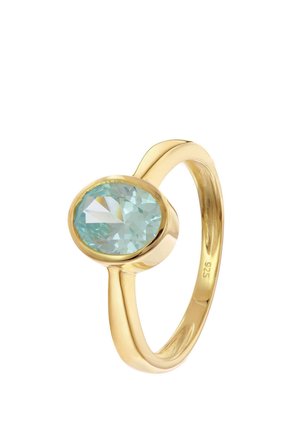 Goldener Bandring mit einem ovalen hellblauen Edelstein, der in einer Fassung sitzt, mit der Prägung "925", die auf Sterlingsilberbasis hinweist.