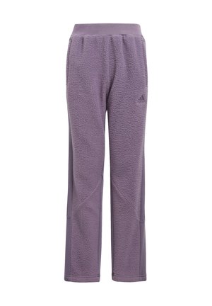 Pantalon en polaire violet avec ceinture élastique, panneaux latéraux et logo Adidas sur la cuisse gauche supérieure.