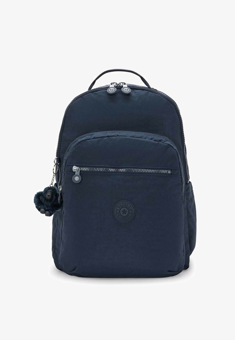 Navy blue backpack made of nylon with a textured finish. Features two zippered compartments and a fur monkey keychain.