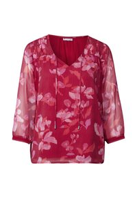 Blusa floreale rossa con scollo a V, maniche trasparenti a tre quarti e dettaglio con coulisse. Presenta un tessuto testurizzato con motivi floreali rosa e arancioni.