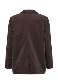 Blazer in corduroy marrone scuro visto da dietro, con maniche lunghe, colletto e una cucitura centrale sul retro.
