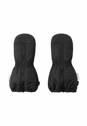 Une paire de moufles noires isolées avec des zippers à l'avant et des poignets élastiques, conçues pour la protection par temps froid.