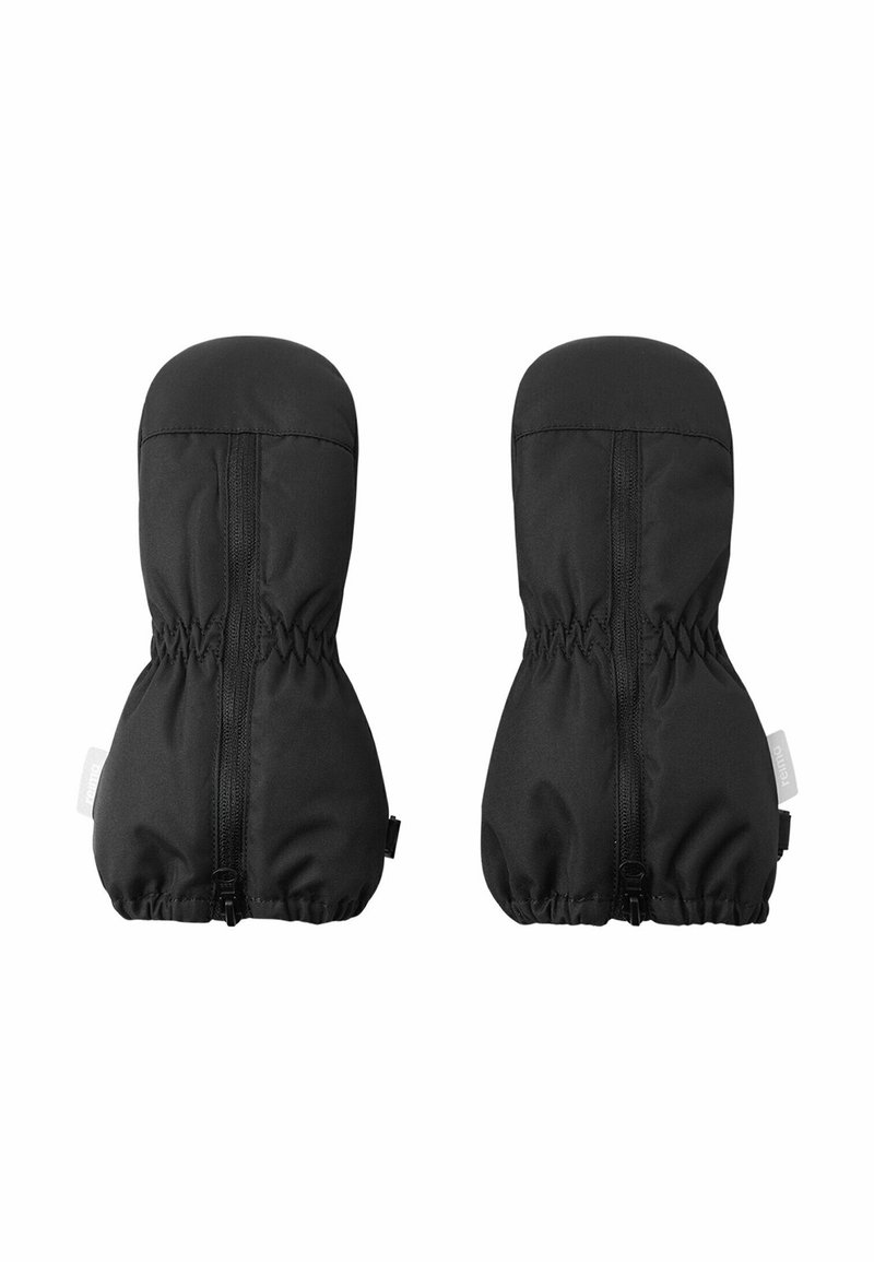 Ein Paar schwarze, isolierte Fäustlinge mit vorderen Reißverschlüssen und elastischen Handgelenken, designed für Schutz bei kaltem Wetter.