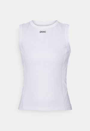 T-shirt de sport sans manches de couleur blanche, fabriqué en matériau en maille texturée. Il présente un col rond et un petit logo sur le devant.