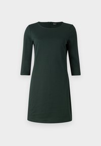 Mörkgrön klänning i knälängd med trekvartslånga ärmar, rund halsringning och en dold dragkedja i ryggen. Tillverkad av glatt, stretchigt material.