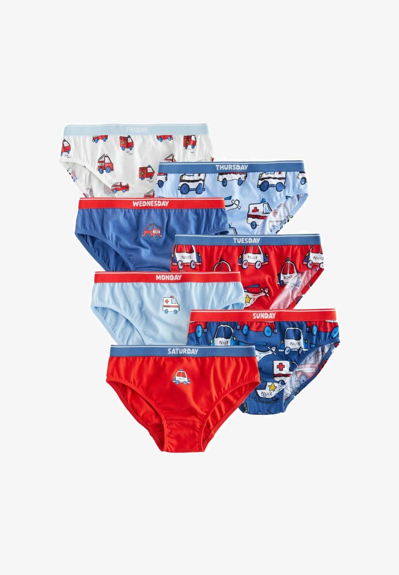 Sept paires de sous-vêtements pour enfants avec des imprimés ambulance, camion de pompier et voiture de police, chacun étiqueté avec un jour différent de la semaine à la taille.