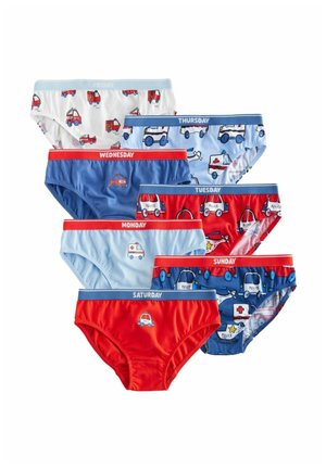 Ensemble de sept slips pour enfants de différentes couleurs avec des motifs de véhicules. Ceintures élastiques étiquetées avec les jours de la semaine.