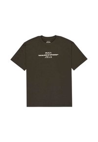 Olivgrünes Baumwoll-T-Shirt mit kurzen Ärmeln, das den weißen Text "RVCA THE BALANCE OF OPPOSITES" und japanische Schriftzeichen zeigt. Einfaches Design mit Rundhalsausschnitt.