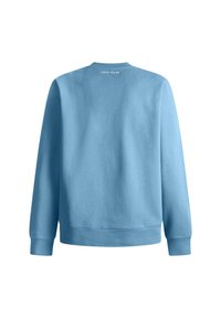 Svetlo modra trenirka z okroglo odprtino za vrat, dolgimi rokavi in ribastimi manšetami. Ima logo "PEPE JEANS" na hrbtni strani blizu ovratnika. Mehka tekstura materiala.