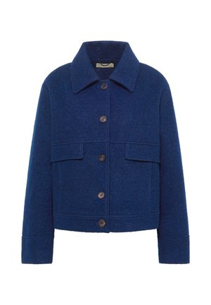 Marineblaue Wollcropped-Jacke mit Kragen, vorderem Knopfverschluss und zwei Brusttaschen mit strukturiertem Finish.