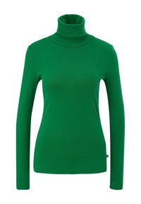 Grüner Rollkragenpullover aus weichem Stretchmaterial, mit langen Ärmeln, enganliegender Silhouette und hohem Kragen. Keine sichtbaren Muster.