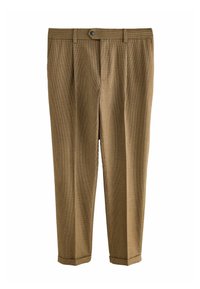 Brown checked trousers with pleats, soft fabric, and a button closure. Tapered leg design with cuffs at the hem.