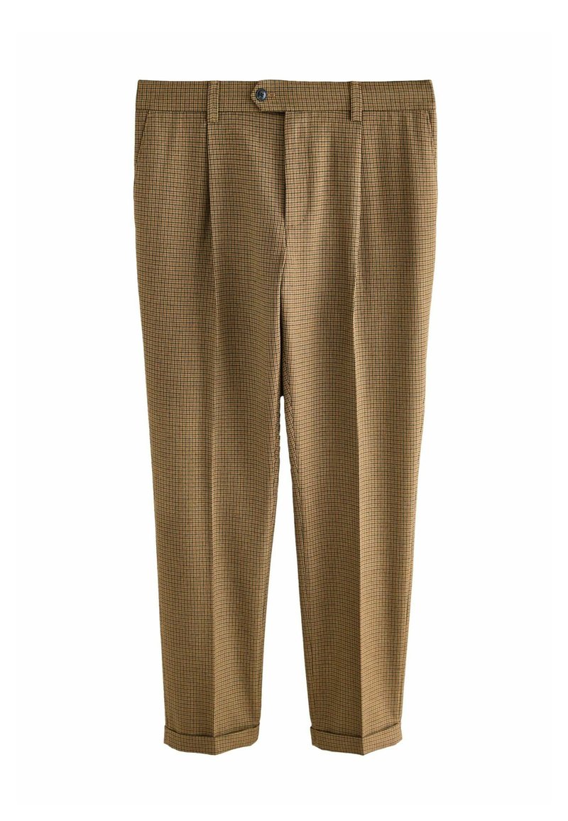 Brown checked trousers with pleats, soft fabric, and a button closure. Tapered leg design with cuffs at the hem.