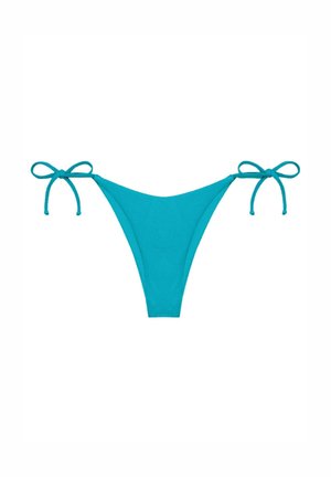 Turquoise bikini bottom with adjustable ties at the sides, seamless construction, and a low-rise cut. Smooth fabric texture.