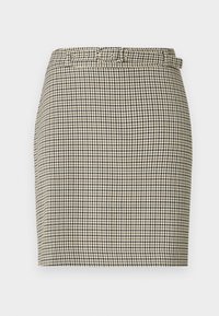 Κοντή φούστα με σχέδιο καρό ψαροκόκαλο, σε μπεζ και μαύρο χρώμα, με εφαρμοστή γραμμή και θηλιές για ζώνη στη μέση.