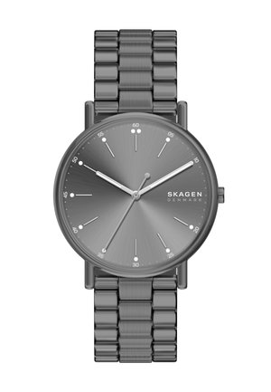 Runde Skagen Dänemark Armbanduhr mit dunklem Metallarmband, minimalistischem grauem Zifferblatt, silbernen Stunden- und Minutenzeigern und kleinem Sekundenzeiger.